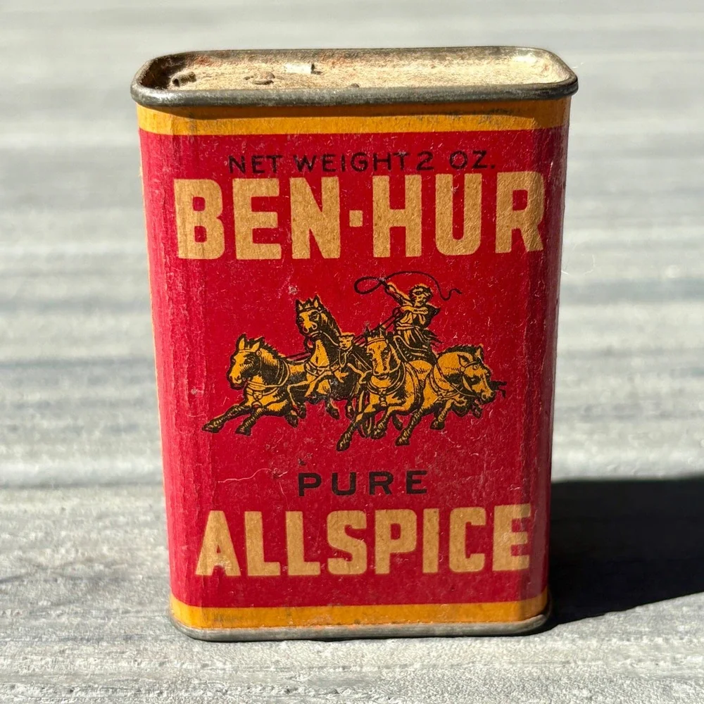 Ben-Hur Pure Allspice 2 oz Vintage Spice Tin Chariot Graphic Advertising Prop